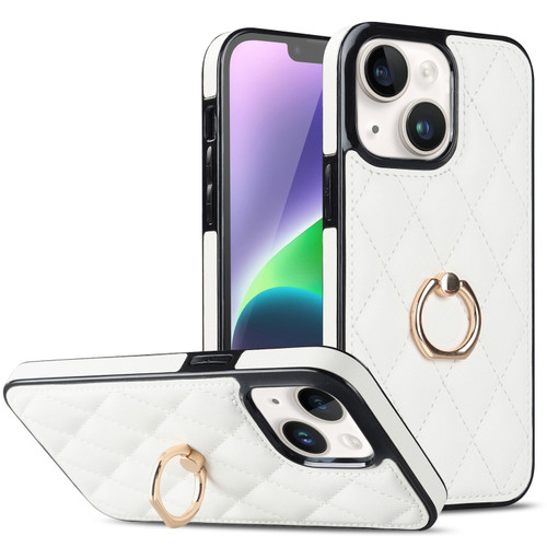 iPhone 14 Rhombic PU Leather Phone Case with Ring Holder - White