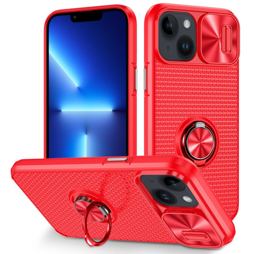 iPhone 14 Sliding Camshield Armor Phone Case with Ring Holder - Red