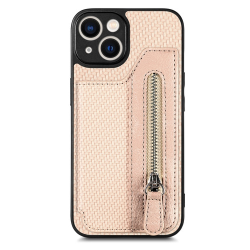 iPhone 14 Carbon Fiber Horizontal Flip Zipper Wallet Phone Case - Khaki