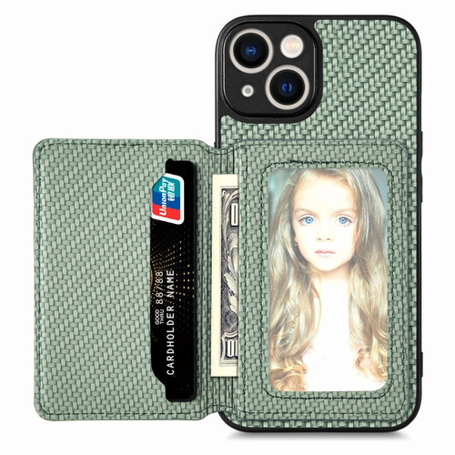 iPhone 14 Carbon Fiber Magnetic Card Bag Phone Case - Green