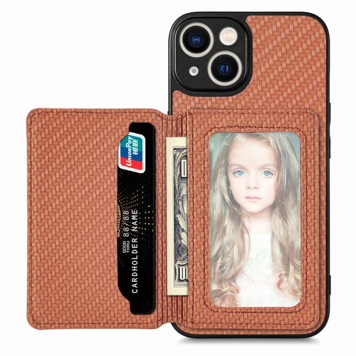 iPhone 14 Carbon Fiber Magnetic Card Bag Phone Case - Brown