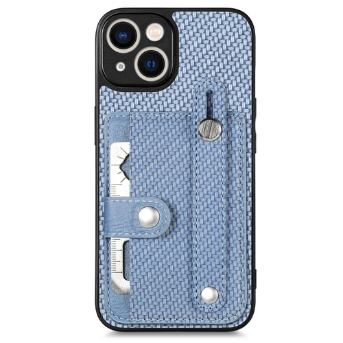 iPhone 14 Wristband Kickstand Card Wallet Back Cover Phone Case with Tool Knife - Blue