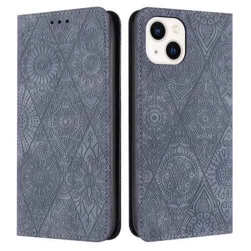 iPhone 14 Ethnic Embossed Adsorption Leather Phone Case - Grey
