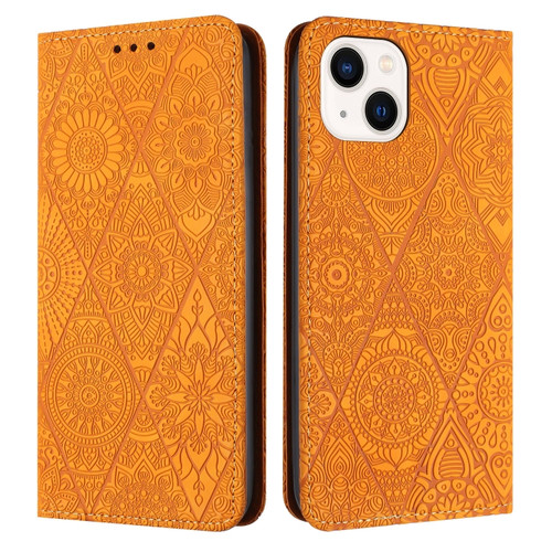 iPhone 14 Ethnic Embossed Adsorption Leather Phone Case - Yellow