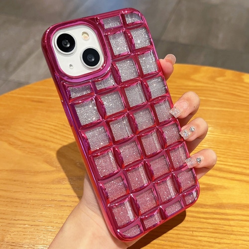 iPhone 14 3D Grid Glitter Paper Phone Case - Rose Red