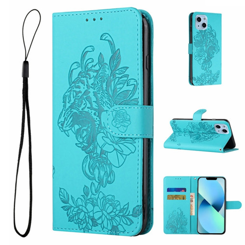 iPhone 14 Tiger Flower Embossing Leather Phone Case  - Baby Blue