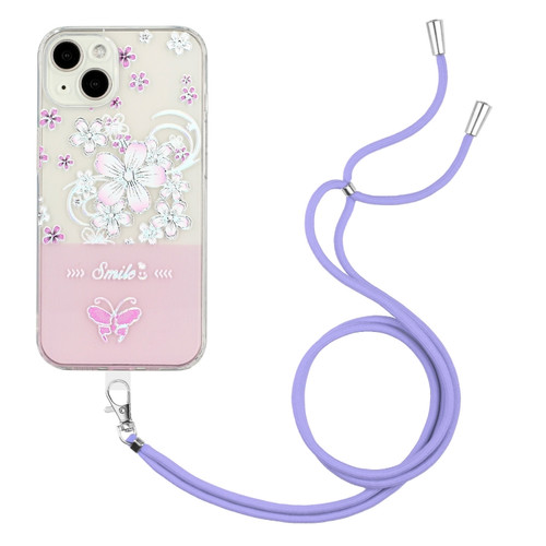 iPhone 14 Bronzing Butterfly Flower TPU Phone Case with Lanyard  - Cherry Blossoms