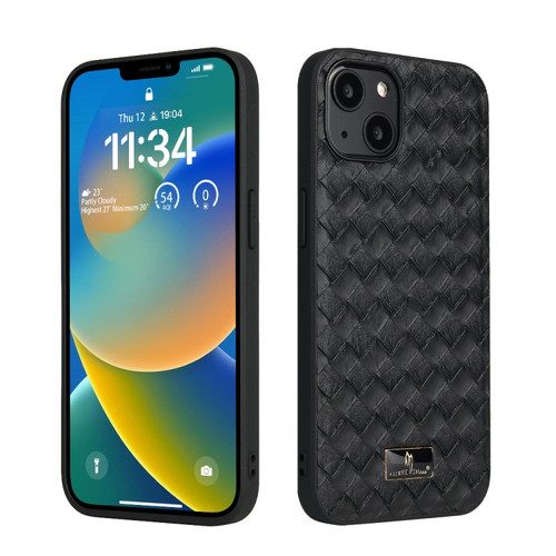 iPhone 14 Fierre Shann Leather Texture Phone Back Cover Case  - Woven Black