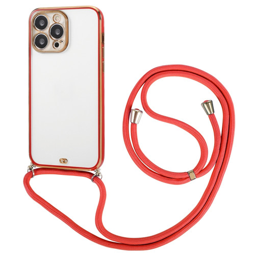 iPhone 14 Electroplated Two-color TPU Phone Case with Lanyard  - Red