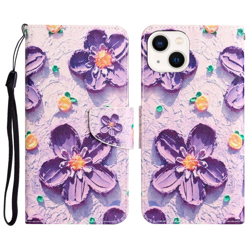 iPhone 14 Colored Drawing Leather Phone Case  - Purple Flower