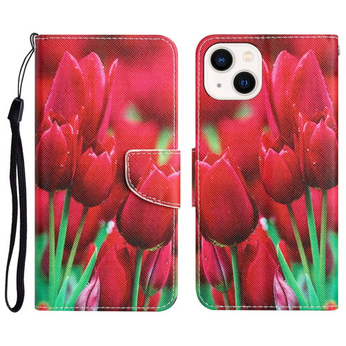 iPhone 14 Colored Drawing Leather Phone Case  - Tulips