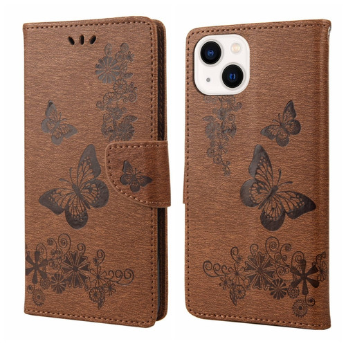 iPhone 14 Butterfly Embossed Horizontal Flip Leather Phone Case  - Brown