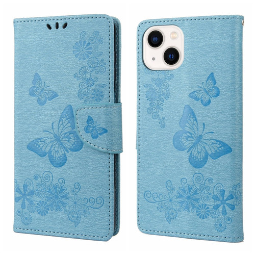 iPhone 14 Butterfly Embossed Horizontal Flip Leather Phone Case  - Blue