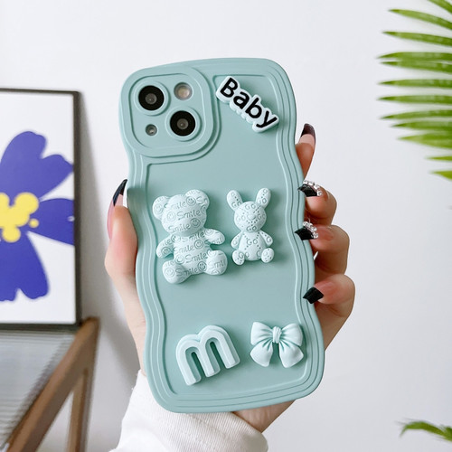 iPhone 14 Wave Edge 3D M Bear Bunny Silicone Phone Case - Blue