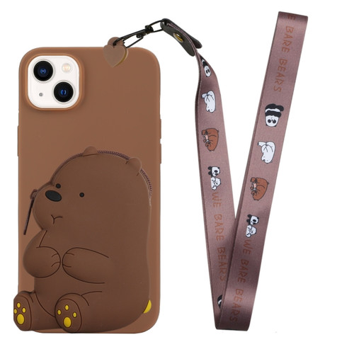 iPhone 14 Silicone Wallet Phone Case with Lanyard - Brown Bear