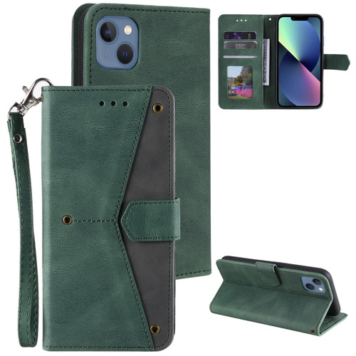iPhone 14 Nail Skin Feel Stitching Calf Texture Leather Phone Case - Green