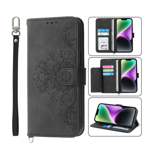 iPhone 14 Skin-feel Flowers Embossed Wallet Leather Phone Case - Black