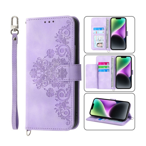 iPhone 14 Skin-feel Flowers Embossed Wallet Leather Phone Case - Purple