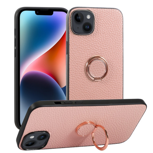 iPhone 14 Litchi Texture Magnetic Phone Case with Ring Holder - Pink