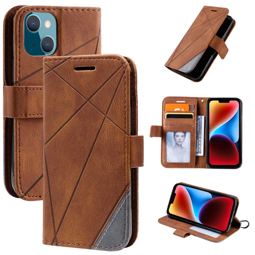iPhone 14 Skin Feel Splicing Leather Phone Case - Brown