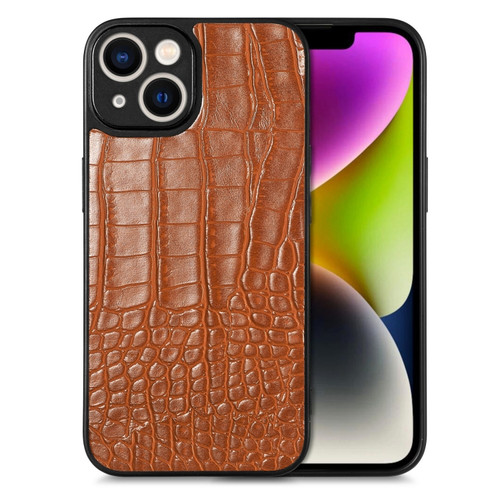 iPhone 14 Crocodile Grain Leather Back Cover Phone Case - Brown