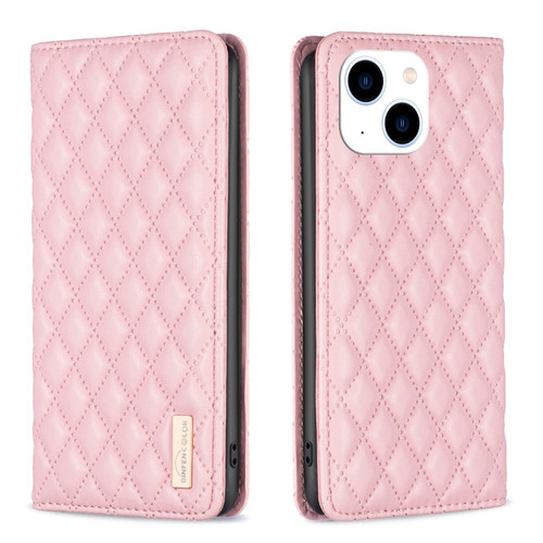 iPhone 14 Diamond Lattice Magnetic Leather Flip Phone Case - Pink