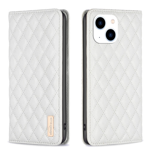 iPhone 14 Diamond Lattice Magnetic Leather Flip Phone Case - White