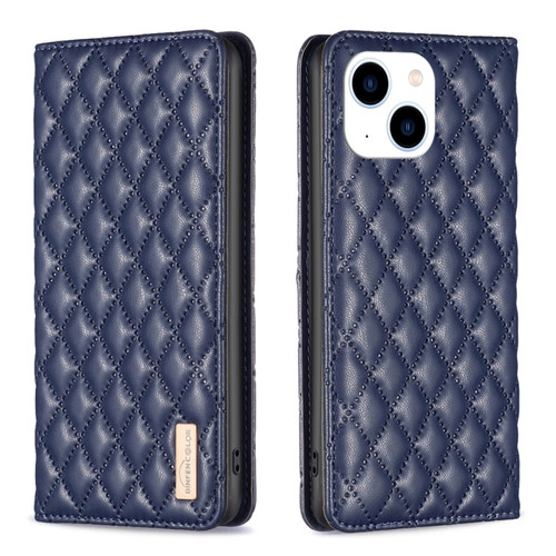 iPhone 14 Diamond Lattice Magnetic Leather Flip Phone Case - Blue