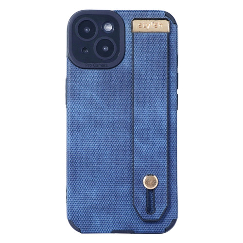 iPhone 14 Wrist Strap TPU Leather Phone Case - Blue