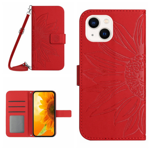 iPhone 14 Skin Feel Sun Flower Pattern Flip Leather Phone Case with Lanyard - Red