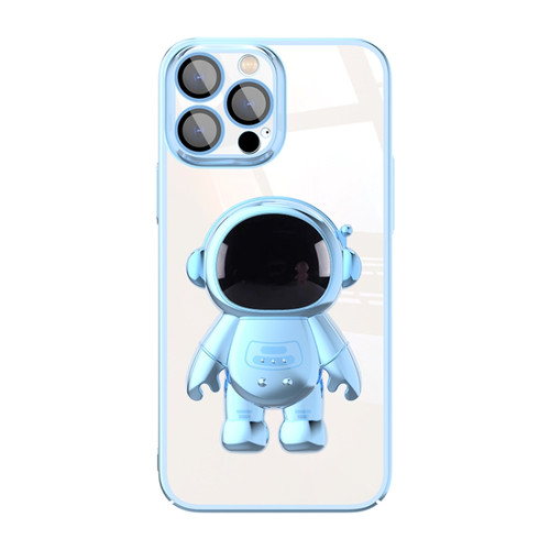 iPhone 14 Electroplating PC Astronaut Holder Phone Case with Lens Film - Blue