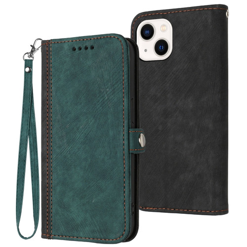 iPhone 14 Side Buckle Double Fold Hand Strap Leather Phone Case - Dark Green