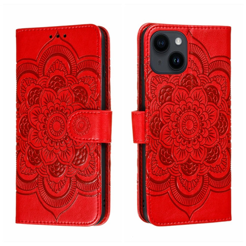 iPhone 14 / 13 Sun Mandala Embossing Leather Phone Case - Red