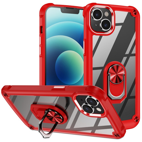 iPhone 14 TPU + PC Lens Protection Phone Case with Ring Holder - Red