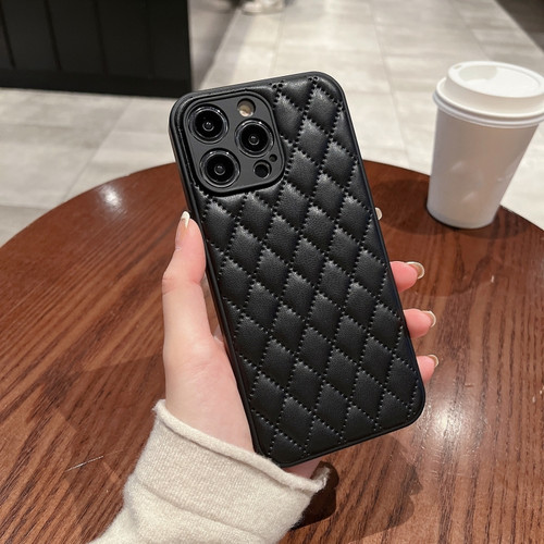 iPhone 14 Rhombic Texture Lambskin Phone Case - Black