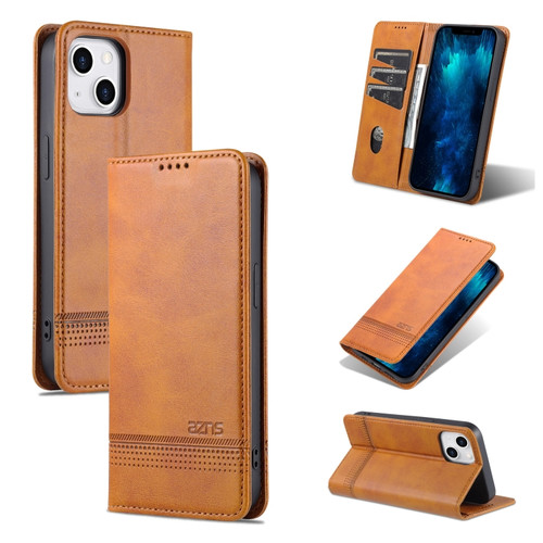 iPhone 14 AZNS Magnetic Calf Texture Flip Leather Phone Case  - Light Brown
