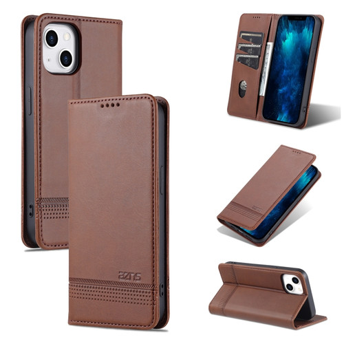 iPhone 14 AZNS Magnetic Calf Texture Flip Leather Phone Case  - Dark Brown