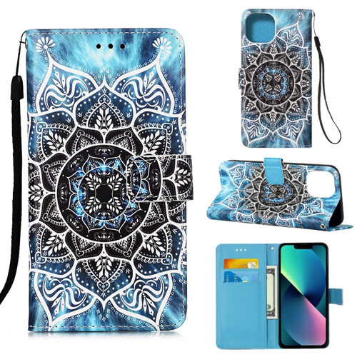 iPhone 14 Painted Flat Texture Leather Case with Lanyard & Card Slot & Wallet & Holder  - Undersea Mandala
