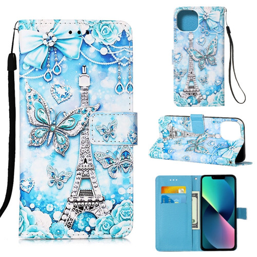 iPhone 14 Painted Flat Texture Leather Case with Lanyard & Card Slot & Wallet & Holder  - Tower Butterfly