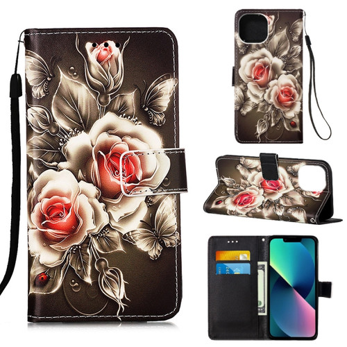 iPhone 14 Painted Flat Texture Leather Case with Lanyard & Card Slot & Wallet & Holder  - Roses On Black