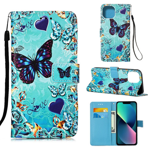 iPhone 14 Painted Flat Texture Leather Case with Lanyard & Card Slot & Wallet & Holder  - Love Butterfly