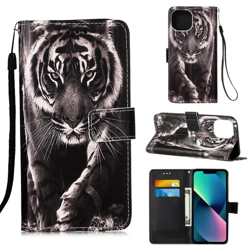 iPhone 14 Painted Flat Texture Leather Case with Lanyard & Card Slot & Wallet & Holder  - Black White Tiger