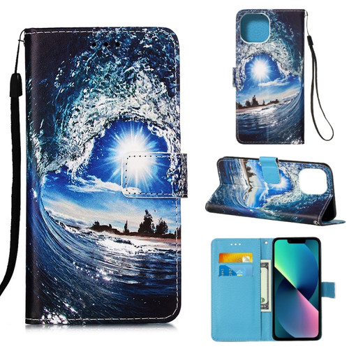 iPhone 14 Painted Flat Texture Leather Case with Lanyard & Card Slot & Wallet & Holder  - Waves Sun
