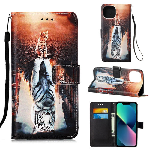 iPhone 14 Painted Flat Texture Leather Case with Lanyard & Card Slot & Wallet & Holder  - Cat And Tiger