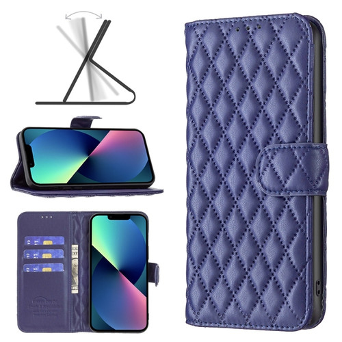 iPhone 14 Diamond Lattice Wallet Leather Flip Phone Case  - Blue