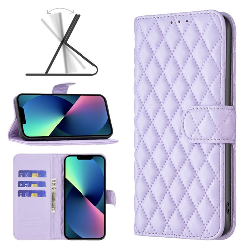 iPhone 14 Diamond Lattice Wallet Leather Flip Phone Case  - Purple