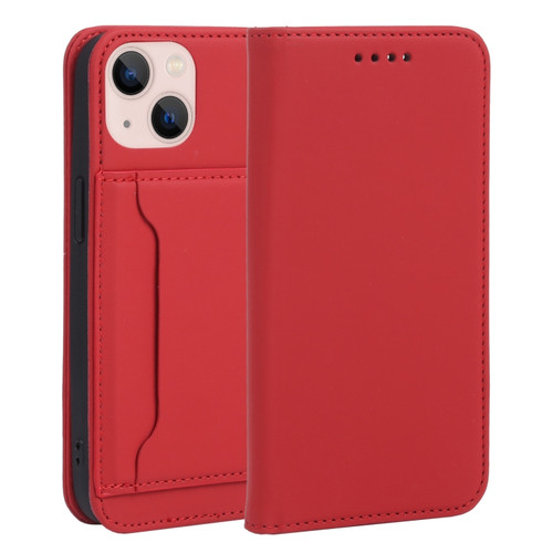iPhone 14 Magnetism Skin Feel Card Holder Leather Phone Case  - Red