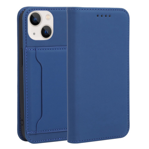 iPhone 14 Magnetism Skin Feel Card Holder Leather Phone Case  - Blue