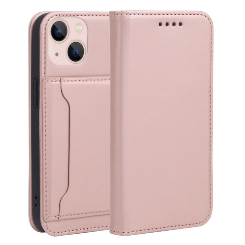 iPhone 14 Magnetism Skin Feel Card Holder Leather Phone Case  - Rose Gold