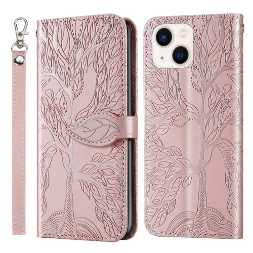 iPhone 14 Life of Tree Embossing Pattern Leather Phone Case  - Rose Gold